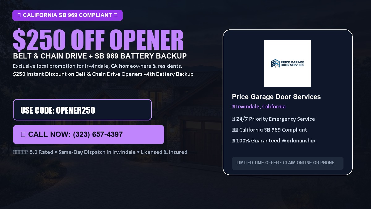 $250 OFF Smart Garage Door Opener Installation (Belt & Chain Drive with California SB 969 Battery Backup) in Irwindale, CA
